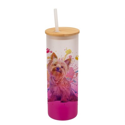 100 North 25 Ounce Frosted Glass Gradient Travel Tumbler With Straw & Wooden Lid, Yorkshire Terrier Paint Splatter Pink