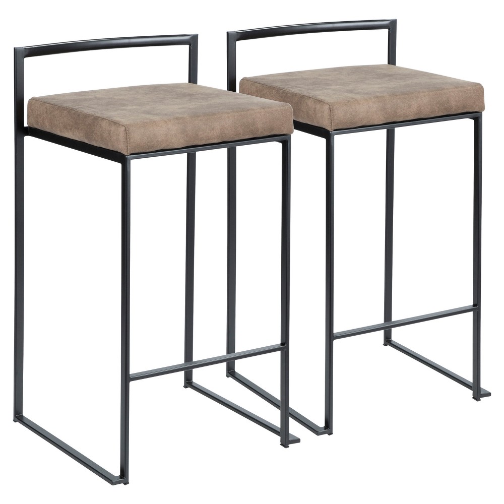 Photos - Chair Set of 2 26" Fuji Contemporary Counter Height Barstools Brown - LumiSource: Upholstered, Metal Frame, No Assembly