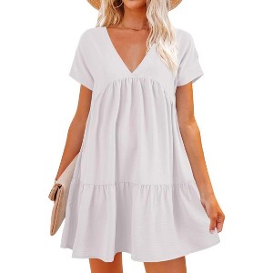 Imily Bela  Summer Flowy Babydoll Dress V Neck Short Sleeve Swing Mini Tunic Casual - 1 of 4