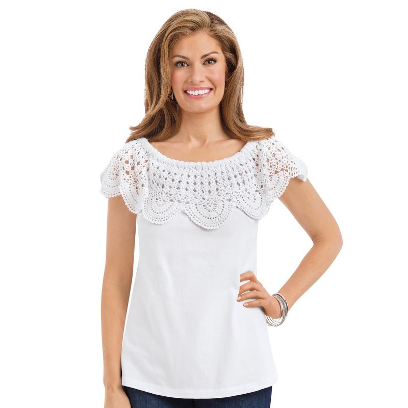 Collections Etc On-Off Shoulder Scalloped Crochet Short Sleeve Top, 1 of 5