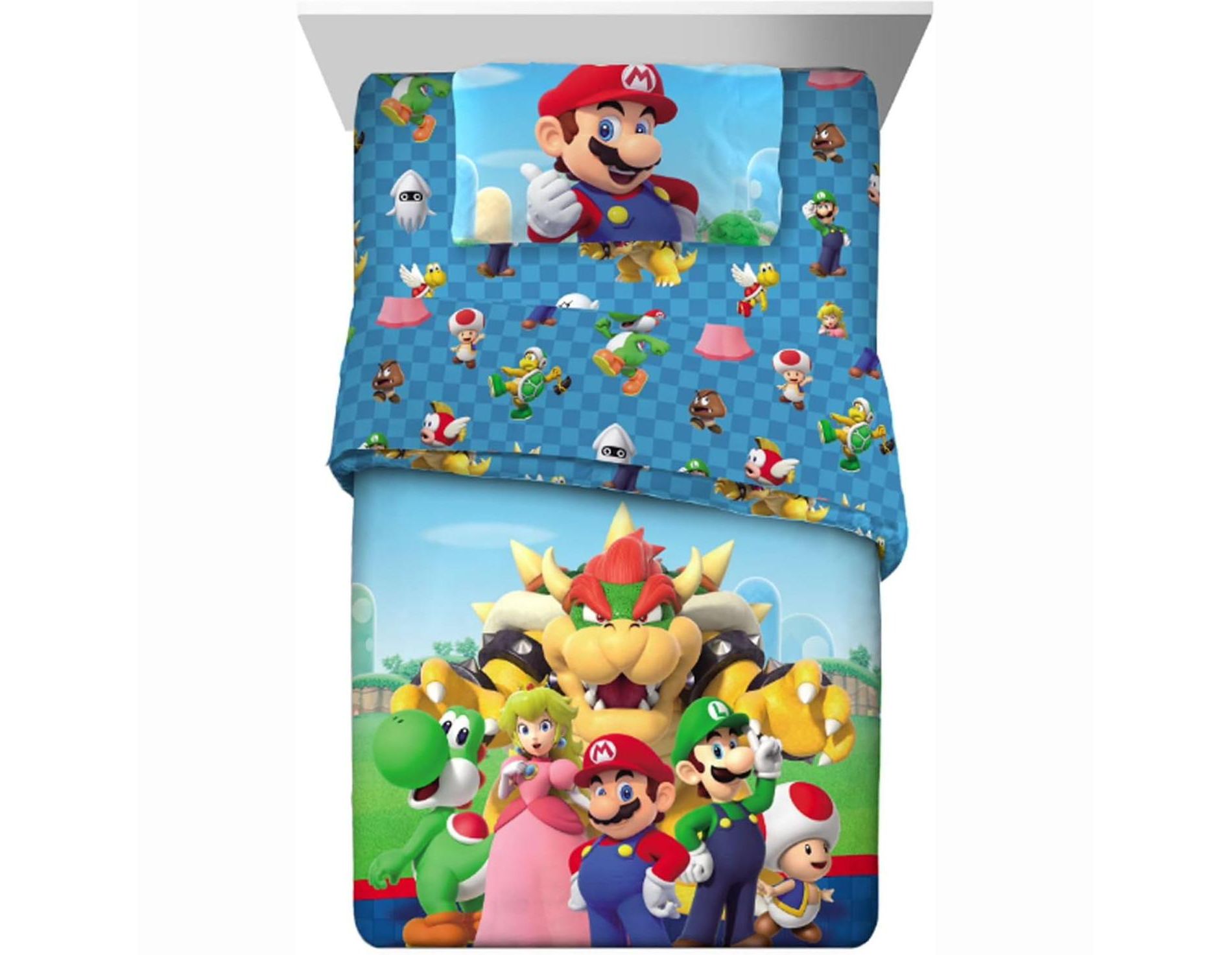 Super Mario Kids 4 Piece Twin Comforter and Sheets Set, All The Players