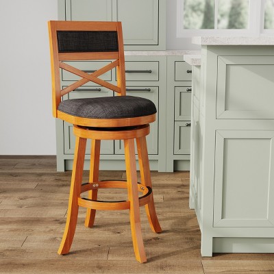 FURNIinspire Counter And Bar Stools Swivel Bar Stool Counter Stool, Vintage Bar Chair With Backrest, Natural Frame, Charcoal Fabric Seat, 24"*24"*45"