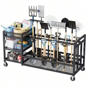 Garden organizer with wheels movable rack storage hooks long handled tools rakes brooms shovels heavy duty metal black garage - 1 of 4