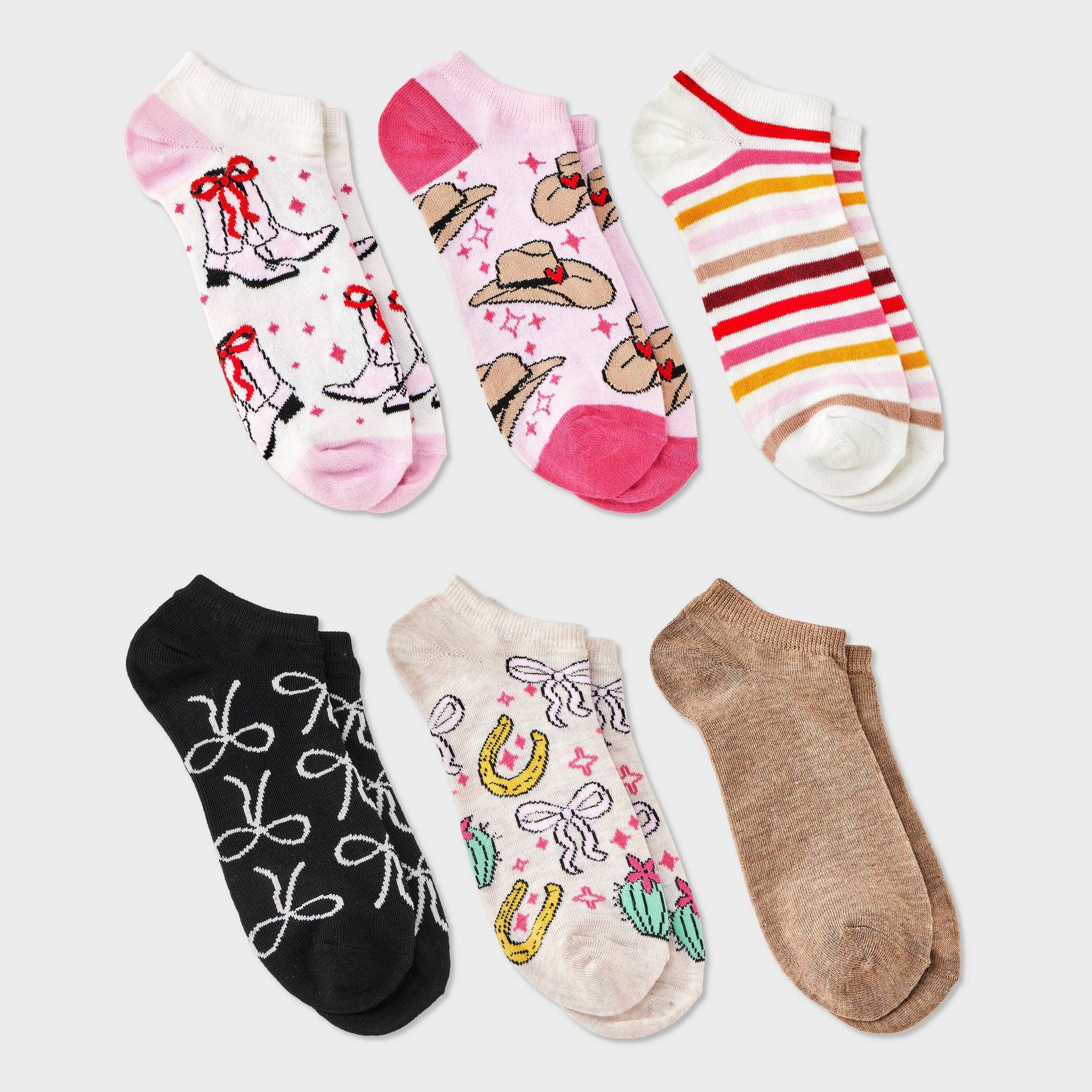 Women's Western Bows 6pk Low Cut Socks - Assorted Colors 4-10