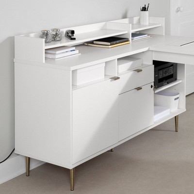 White L-Shaped Corner Desk with Hutch and Brass Legs