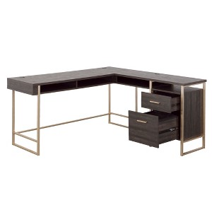Vynxaria L-Shaped Home Office Desk (Black Finish) 60x60x30in, Large Desktop for Multiple Monitors, File Drawers, Cable Grommets - 1 of 4