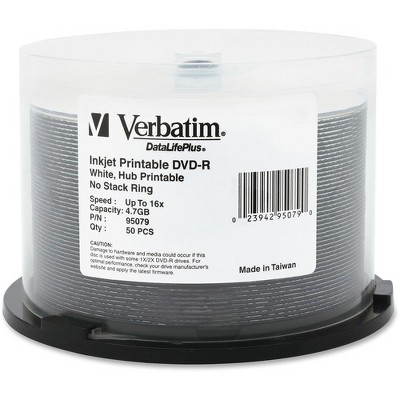 Verbatim DVD-R 4.7GB 16X DataLifePlus White Inkjet Printable, Hub Printable - 50pk Spindle - Hub Printable - 50pk Spindle