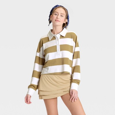 Women's Game Day Striped Cropped Long Sleeve Polo T-Shirt - JoyLab™