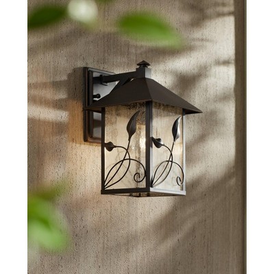 French Garden Leaf-Vine Motif Outdoor Wall Light in Bronze with Seedy Glass