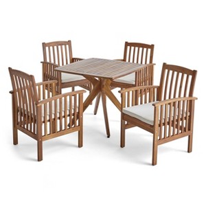 Christopher Knight Home Valmont Outdoor Acacia Wood 5 Piece Dining Set with Cushion, Teak/Cream - 1 of 4