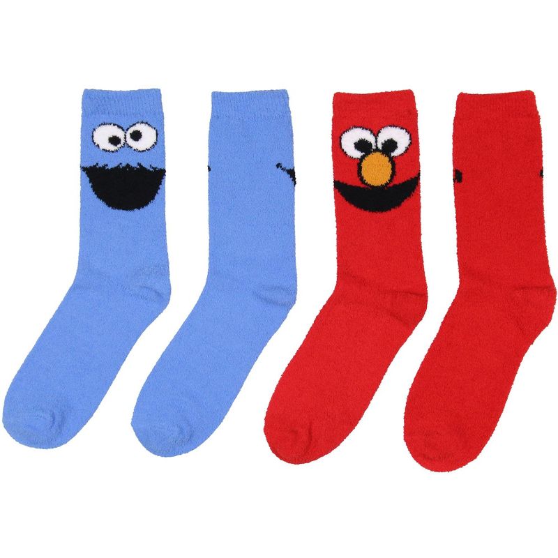 Sesame Street Socks Cookie Monster And Elmo Adult Fuzzy Plush Crew Socks 2 Pack Multicoloured, 1 of 5