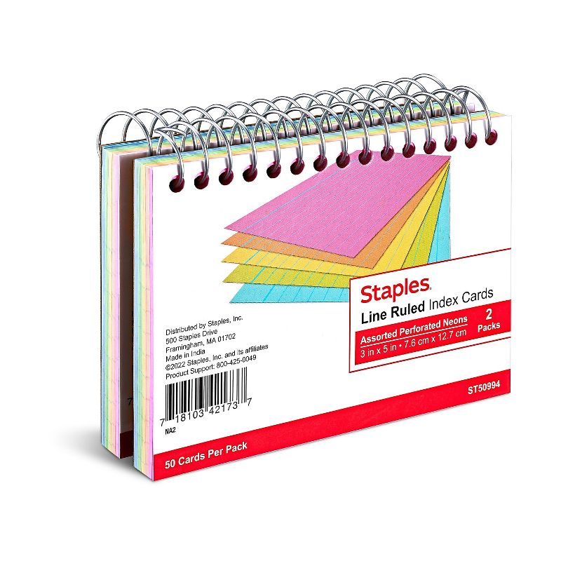 Staples 3" x 5" Line Ruled Assorted Neon Spiral-Bound Index Cards 2/PK (50994) TR50994, 1 of 6