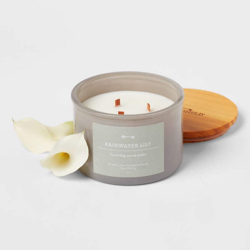 14oz Lidded Gray Glass Jar Crackling Wooden 3-Wick Candle with Paper Label Rainwater Lily - Threshold&#8482;, 4 of 5