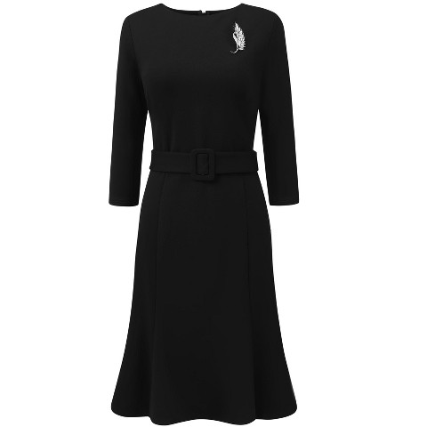 Женские платья INSPIRE CHIC Women's Brooch Decor 3/4 Sleeve Boat Neck Funeral Sheath Midi Dress with Belt Black Medium