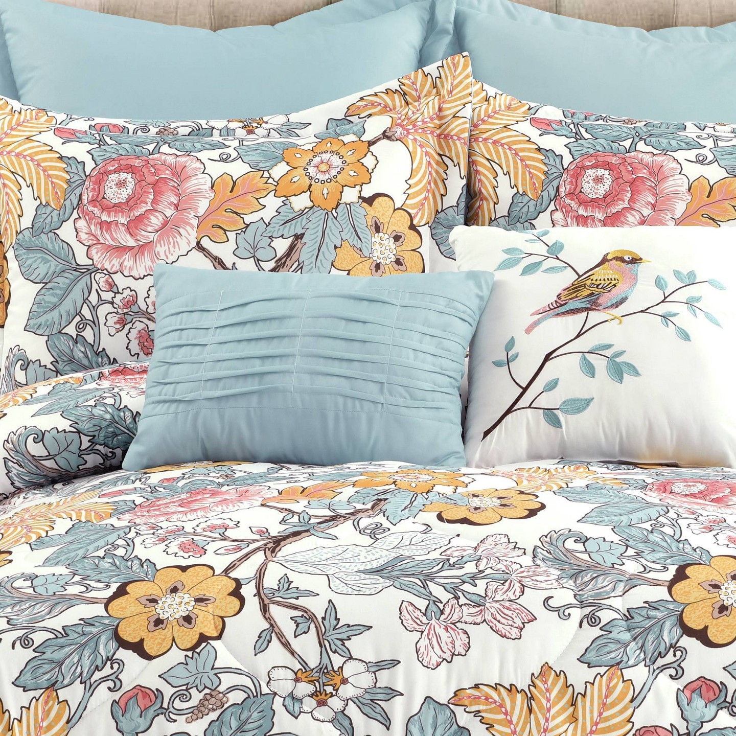 Комплект с одеялом Lush Decor Full/Queen 7pc Sydney Comforter Set Blue/Yellow - Lush Décor: Microfiber Bedding with Botanical Pattern & Pleated Design, цвет: Синий — фото 3