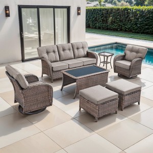 Belord Outdoor Patio Furniture Set with 5" Thick Cushions, Brown Wicker 7 Piece Patio Furniture Set with Swivel Gliding Rocker Chairs and Sofa Couch - 1 of 4