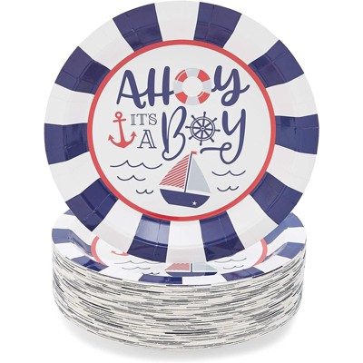 Blue Panda 80Pcs Ahoy It's a Boy Nautical Disposable Party Paper Plates 9" for Baby Shower