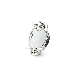 Black Bow Jewelry Sterling Silver, CZ and White Enameled Wise Owl Bead Charm - 1 of 4