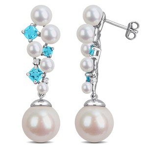 EVERLY JEWELRY | Sterling Silver Cultured Freshwater Pearl and 1.5 CT TGW Swiss Blue Topaz and Diamond Accent Cluster Drop Earrings - 1 of 4