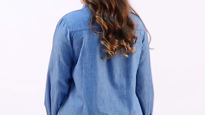 Agnes Orinda Women's Plus Size Work Stripe Button Down Long Sleeve Chambray Shirt, 2 of 8, play video