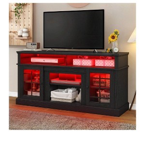 Farmhouse TV Stand for 70 Inch TV, LED Entertainment Center with Adjustable Shelves  & Glass Doors, TV Media Console Table for Living Room - 1 of 4
