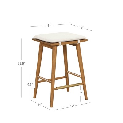 Brown Wood and Metal Backless Saddle Barstool with Padded Seat
