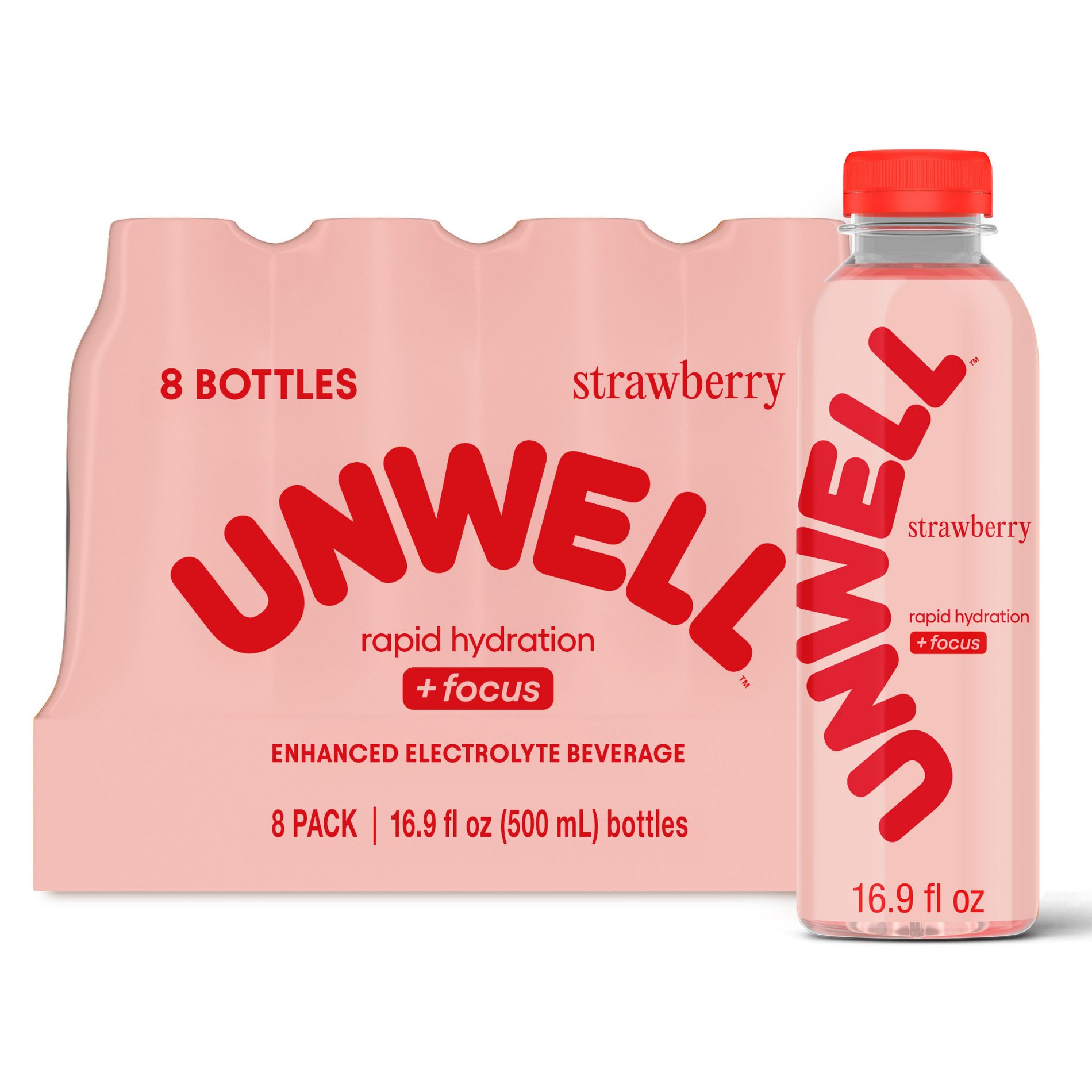 Unwell Hydrate+Focus Multipack Strawberry Sports Drink - 8pk/16.9 fl oz Bottles: Caffeinated