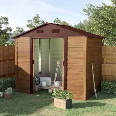 Outsunny Brown Metal Storage Shed with Windows and Sliding Doors
