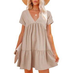 Imily Bela  Summer Flowy Babydoll Dress V Neck Short Sleeve Swing Mini Tunic Casual - 1 of 4
