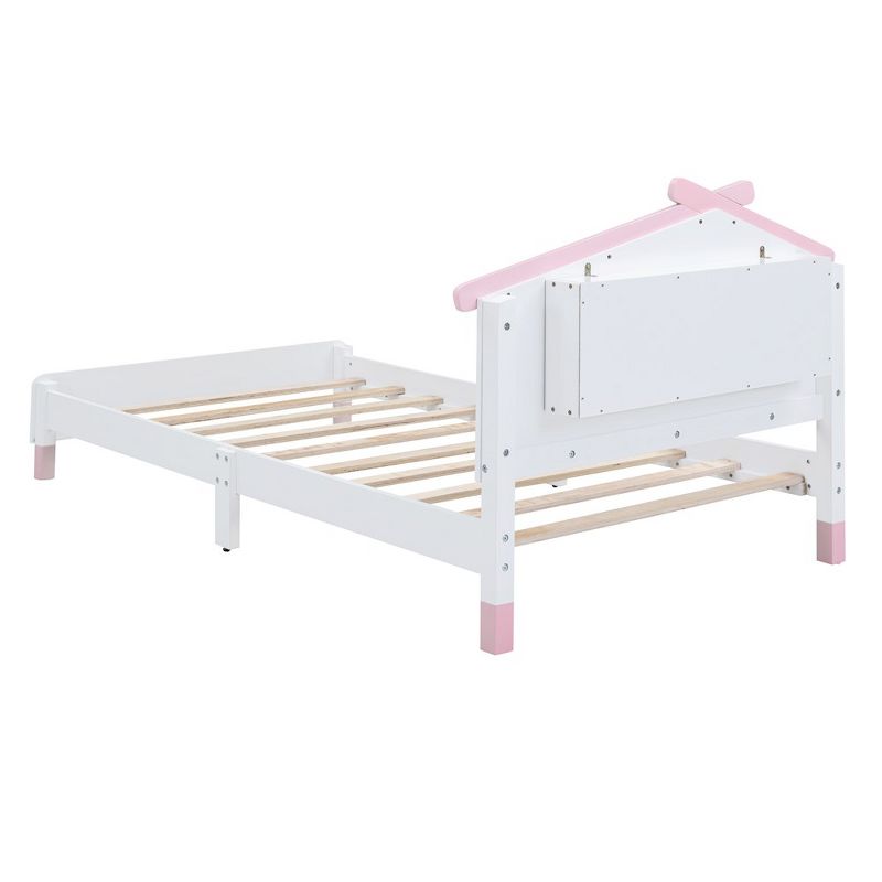 Twin Size Bed Frames, Wooden Platform Bed With House-shaped Headboard, Motion Activated Night Lights, White+Pink, 5 of 8