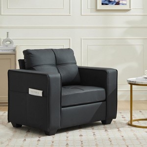 TYBOATLE Faux Leather Tufted Single Sofa, Modern Office Reading Chair, Upholstered Armchair with Wood Legs for Reading/Living Room, Black - 1 of 4