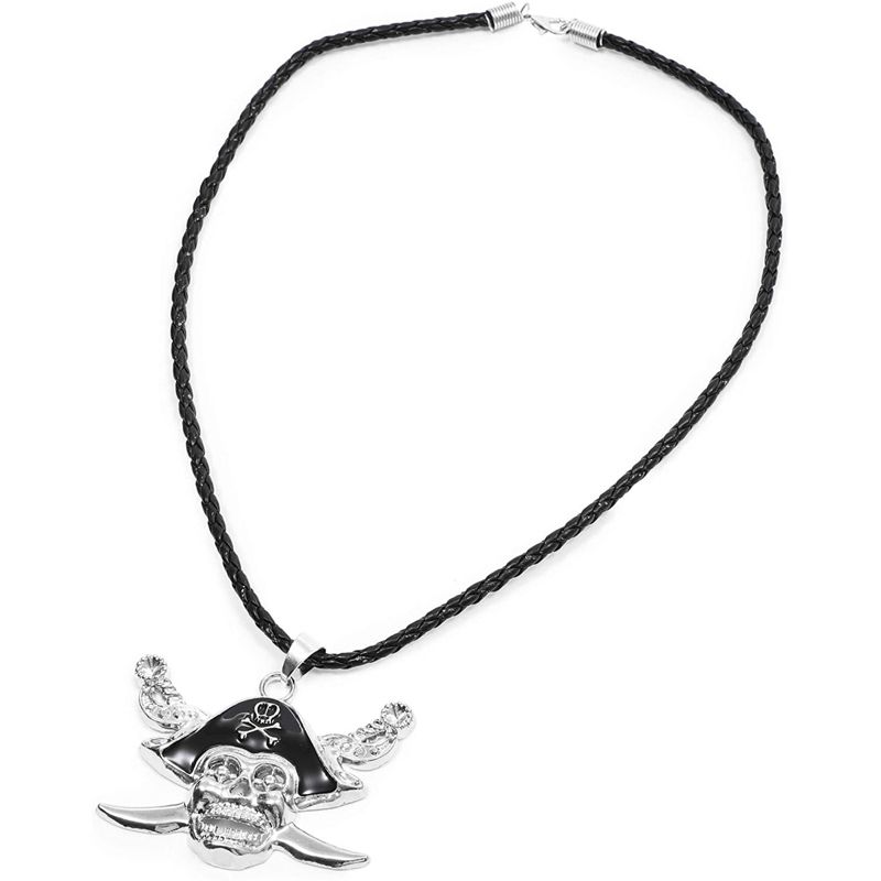 Blue Panda Silver Pirate Skull Pendant with Leather Chain Necklace for Men and Halloween Party, 19", 2 of 5