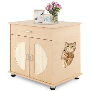 Tangkula Cat Litter Box Enclosure w/ Sisal Scratching Doors Storage Adjustable Metal Feet