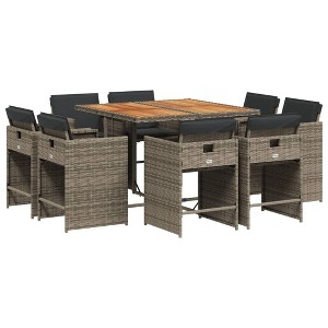 vidaXL 9 Piece Patio Dining Set with Cushions - Gray Poly Rattan Wood - 1 of 4