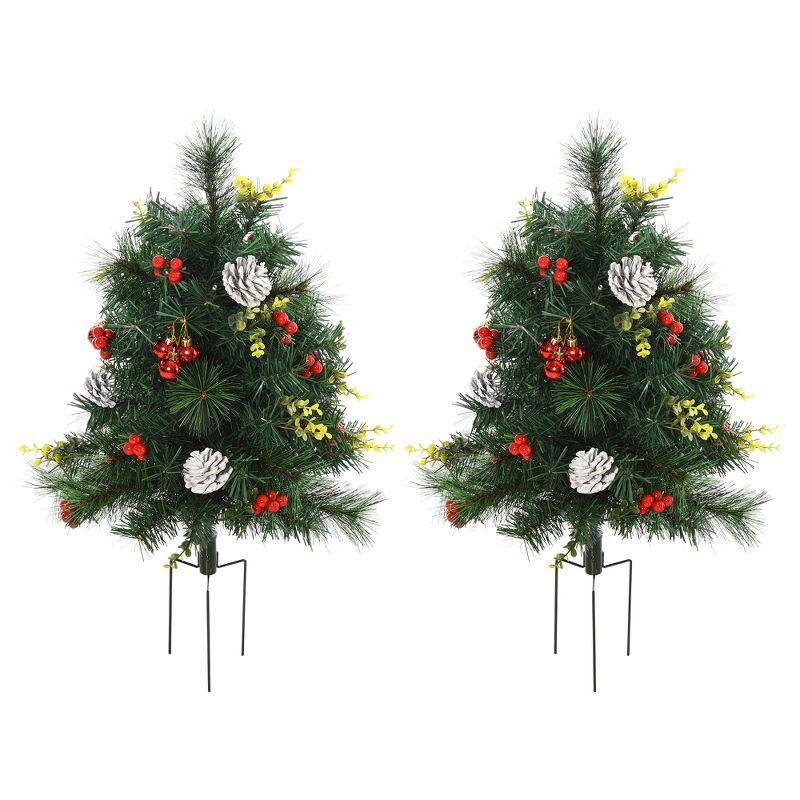 HOMCOM 2 FT Christmas Tree 2-Pack Outdoor Pre-Lit Artificial Pine Cordless with 24 Warm White Lights and Stakes, 4 of 9