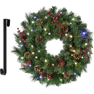 Luupatchy 24-Inch Christmas Wreath with Multicolor LED Lights, Pine Cones & Red Berries - Includes Wreath Hanger,Dark Green - 1 of 4