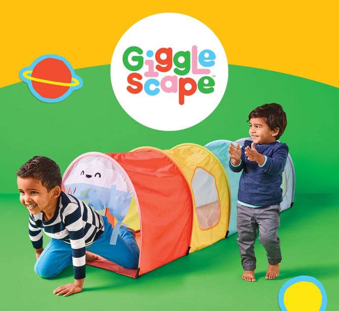 Giggle scape, where 2 kids playing with a play tunnel/tent