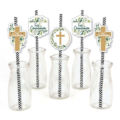 Big Dot of Happiness First Communion Elegant Cross - Paper Straw Decor - Religious Party Striped Decorative Straws - Set of 24