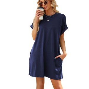 BLUEMING Womens T Shirt Dresses Crew Neck Mini Dresses Casual Short Sleeve Loose Flowy Dress with Pockets - 1 of 4