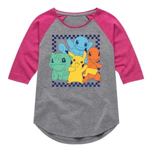 Girls' - Pokémon - Friends Retro Checkered Shirt Tail Raglan Graphic T-shirt - 1 of 4