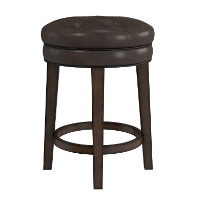 Classic Charcoal Gray Button-Tufted Leather Swivel Counter Stool