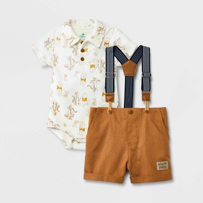 Image of Baby Boys' Disney Winnie the Pooh Top and Bottom Suspender Set - Beige Newborn