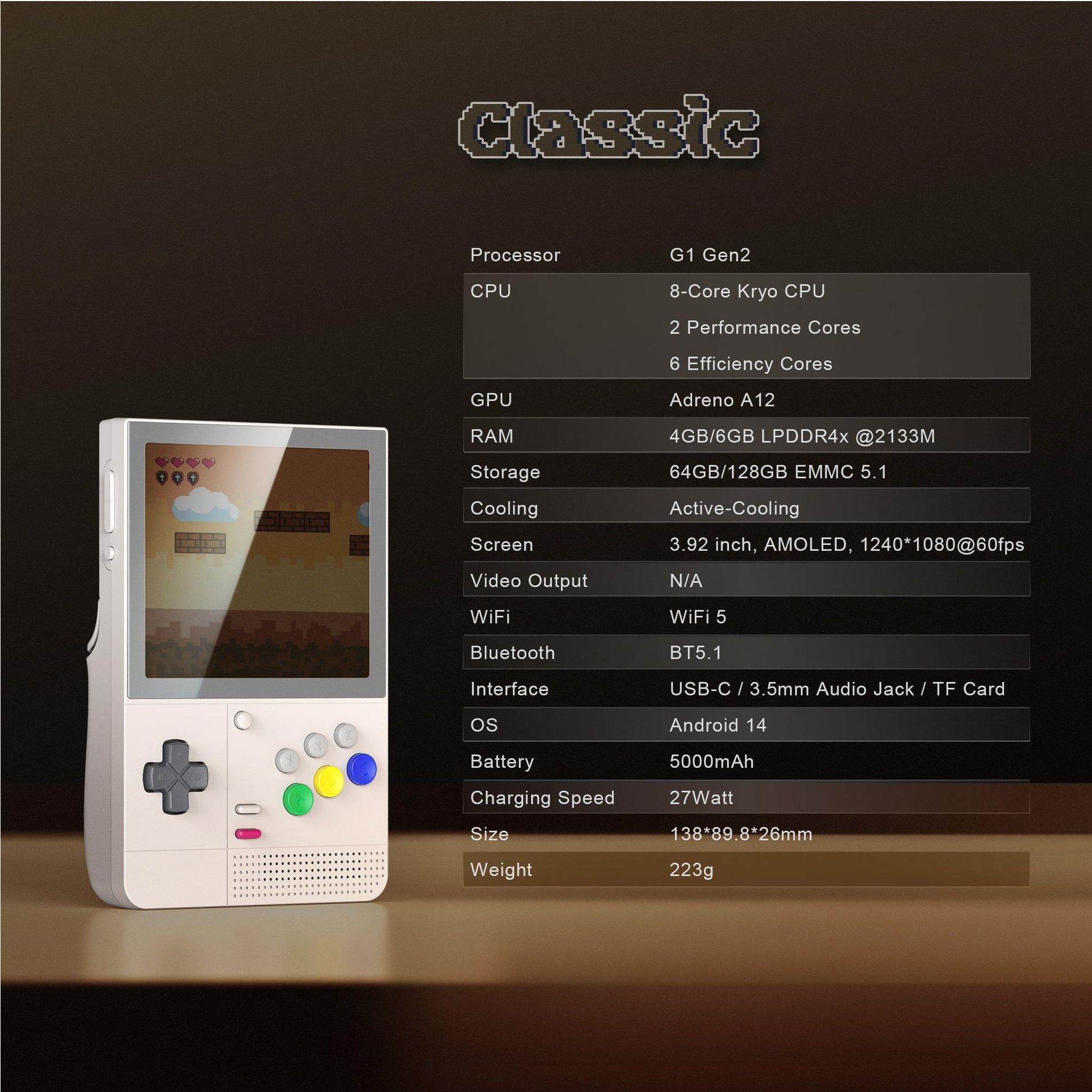 Retroid Pocket Classic Retro Handheld Game Console, 3.92" Touchscreen, G1 Gen2 Processor, 6GB RAM, 128GB Storage