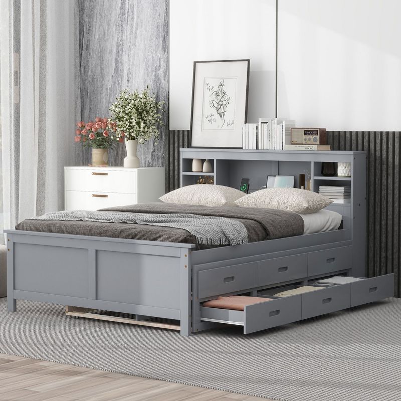Full/Twin Size Wood Platform Bed with Storage Headboard, USB, Trundle Bed and 3 Drawers-ModernLuxe, 2 of 15