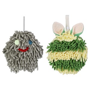 REGALWOVEN 2 Packs Fluffy Chenille Rabbit Shape Cute Soft Absorbent Hanging Ball Hand Towels 7" x 7" - 1 of 4