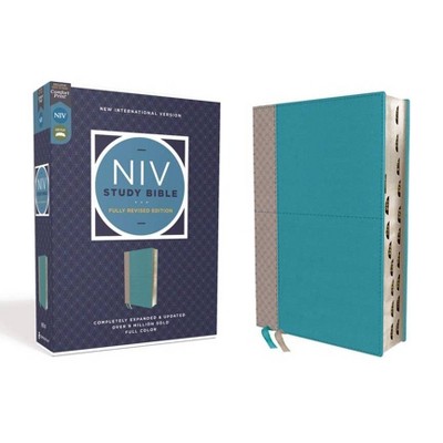 NIV Study Bible, Fully Revised Edition, Leathersoft, Teal/Gray, Red Letter, Thumb Indexed, Comfort Print - by  Zondervan (Leather Bound)