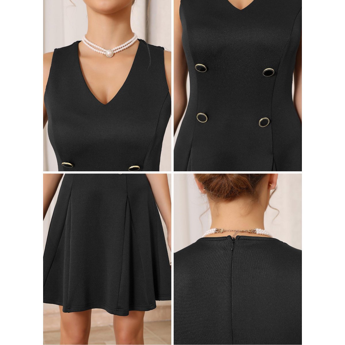 Женские платья INSPIRE CHIC Women's Sleeveless V Neck Double Breasted Dressy Formal A-Line Mini Dresses Medium Black — фото 5