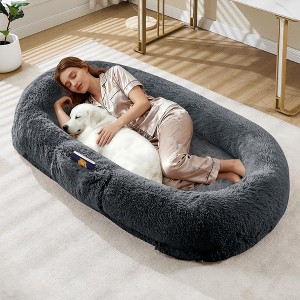 Human Dog Bed, 65” x41” x12” Large Gaint Shared Bed for Adult & Pets, Faux Fur Removable Nap Bed Bean Bag Bed with Handle, Side Pocket - 1 of 4