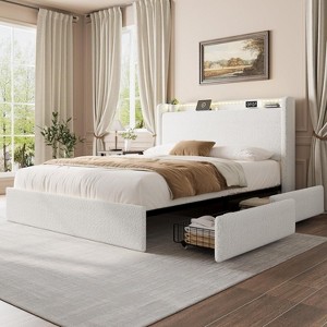Full Size Boucle Bed Frame, LED Lights, Charging Station, 4 Storage Drawers and Storage Headboard, Platform Upholstered, No Box Spring, Beige - 1 of 4