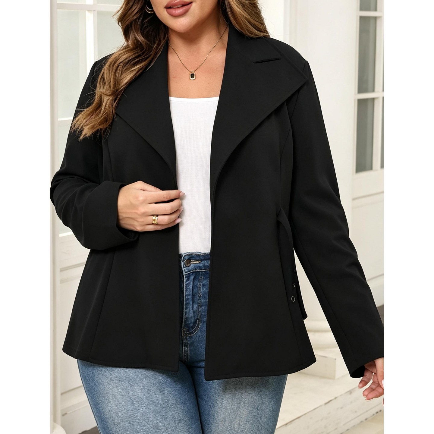 Женская куртка YesFashion Plus Size Women Open‑Front Blazer Jacket Long‑Sleeve Suit Coat Casual Business Outerwear,2XL, Black, цвет: Чёрный — фото 4